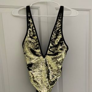 ASOS Two Tone Sequin Embellished Plunge Swimsuit